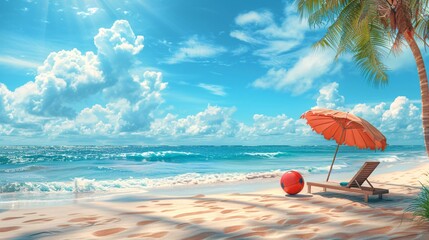 Sticker - Beach umbrella and beach chair on sea coast. Summer vacation concept.