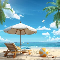 Canvas Print - Beach umbrella and beach chair on sea coast. Summer vacation concept.