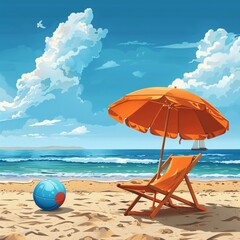 Sticker - Beach parasol with chair on summer background.