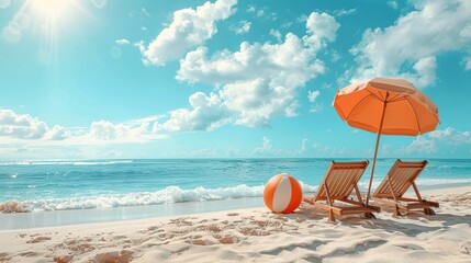 Canvas Print - Beach parasol with chair on summer background.