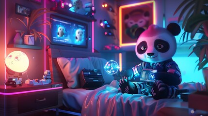 A tiny panda in a futuristic jumpsuit, playing with holographic toys in a modern, high-tech bedroom.