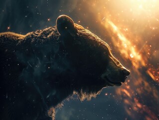 Wall Mural - a bear is standing in front of a fire, with the sun shining on it. the bear appears to be looking at
