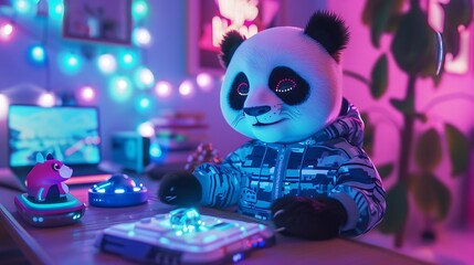 A tiny panda in a futuristic jumpsuit, playing with holographic toys in a modern, high-tech bedroom.