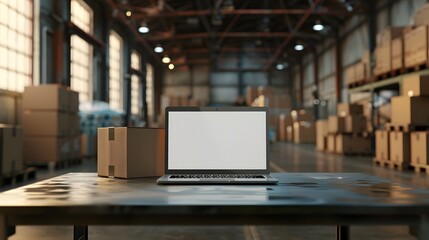 Online ecommerce store mockup, dropshipping business website concept. Table with laptop computer mock up blank white screen and shipping boxes, retail marketplace, warehouse delivery background. 