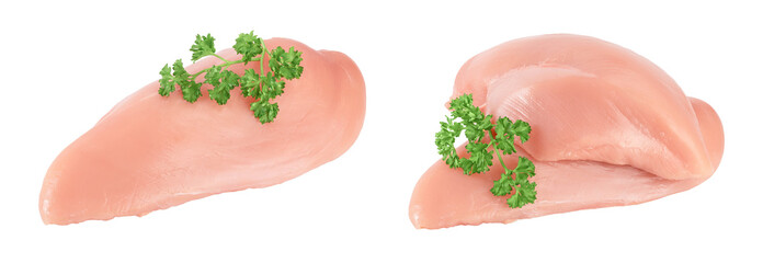 Wall Mural - Fresh chicken fillet with parsley isolated on white background with full depth of field.