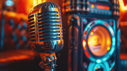 Vintage microphone in vibrant, colorful setting with retro-style speaker