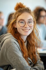 Canvas Print - A girl with red hair and glasses is smiling. She is wearing a gray hoodie and sitting in a classroom