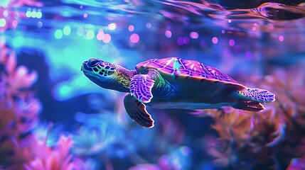 A tiny turtle in a sleek wetsuit, swimming in a modern, high-tech aquarium filled with neon lights.