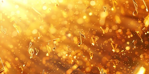 Wall Mural - golden background with musical notes and abstract shapes, shiny blurred background, gold bokeh, white space in the middle of the composition, music concept banner, golden background with soft reflecti