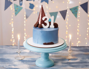 Wall Mural - A blue birthday celebration cake adorned with burning candles with number 31 age, and party ornaments	