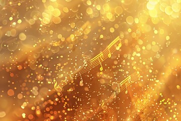 Wall Mural - Golden music notes on a shimmering bokeh background, warm golden tones, soft focus, dreamy and enchanting ambiance, high detail, photorealistic, artistic 