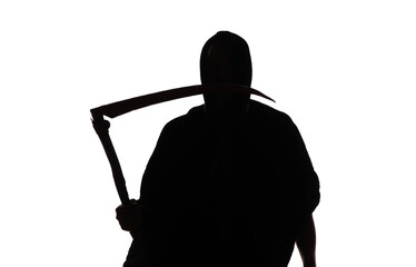 Poster - angel of death, silhouette of the grim reaper with a scythe in a hood on a white background