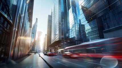 Wall Mural - Futuristic city street, high-speed motion blur, skyscrapers, modern architecture, sunny day, dynamic urban life, cyberpunk style, photorealistic, 4K resolution, no cars 
