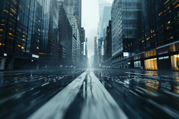 Wall Mural - Low angle view of a futuristic city street, high-rise buildings on both sides, high-speed motion blur on the ground, advanced gray tones, low saturation, cyberpunk style, photorealistic, 4K resolution