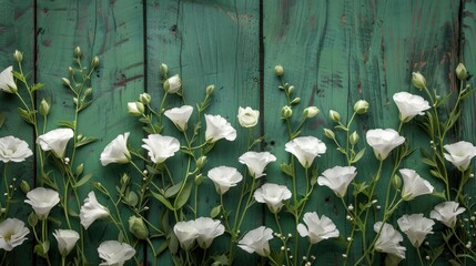 White lisianthus flowers on green wood backdrop