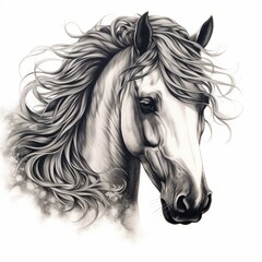 Naklejka na meble The image depicts a horses head in black and white, featuring a long mane. It showcases artistic detail, with focus on the mane of the horse