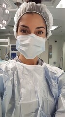 Wall Mural - photo of female doctor wearing surgical cap and mask, looking at camera, posted on snapchat, she is in an operating room, she has dark hair, brunette 