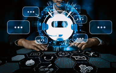 Poster - AI Chatbot smart digital customer service application concept. Computer or mobile device application using artificial intelligence chat bot automatic reply online message to help customers instant uds