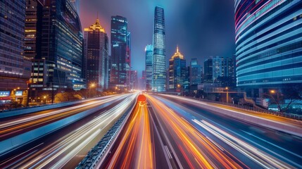 Wall Mural - side view of road,in the city at night, motion blur, city lights, city background, skyscrapers, commercial photography, professional shot, high resolution, hyper realistic, wide angle