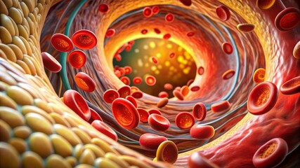 Wall Mural - A close up of red and yellow blood cells in a vein