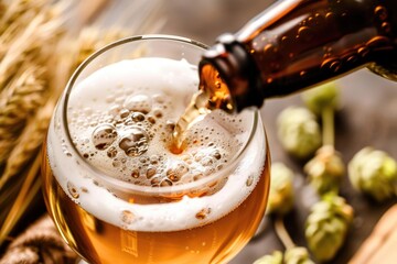 A close-up of a bottle pouring beer into a glass, capturing the golden liquid as it cascades with bubbles against a backdrop of hops and wheat stalks