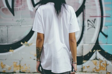 A person in a white t-shirt stands in front of a graffiti-covered wall, their back to the camera, creating a stark contrast between the blank canvas and the vibrant street art