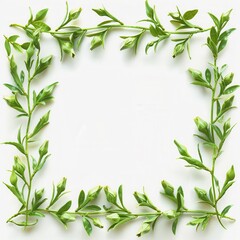 Square frame made of fresh green leaves isolated on white background, perfect for nature-themed designs and creative projects.