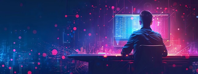 Person working at a computer with a glowing digital interface in a dark environment, ideal for technology, cybersecurity, and coding themes, highlighting innovation and focus.