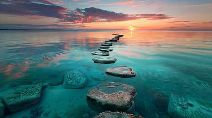 Wall Mural - Stone path to sunset sea. Capture the serenity of a stone path leading to a breathtaking sunset over the tranquil sea.