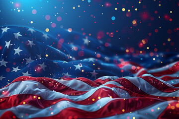 Close up of realistic glittery  American flag with blurred lights in the background, bokeh. 4th of July celebration.