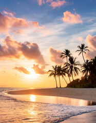 Beautiful tropical beach with coconut palm tree at sunset. Nature background