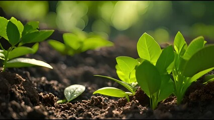 Wall Mural - A bunch of green plants growing in the dirt. The plants are small and are growing in the dirt