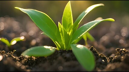 Wall Mural - A small green plant is growing in the dirt. The plant is surrounded by dirt and has a few leaves