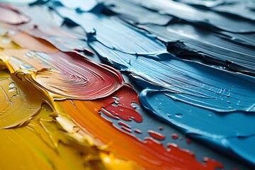 Poster - Close-up of colorful oil paint strokes featuring vibrant layers of yellow, red, blue, and black, perfect for art backgrounds, creative projects, and design elements.