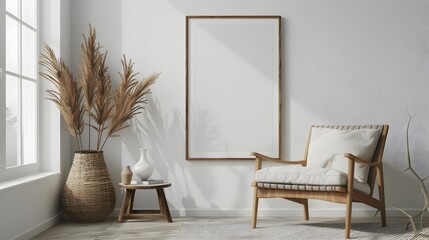 Blank frame mockup in modern white interior design 