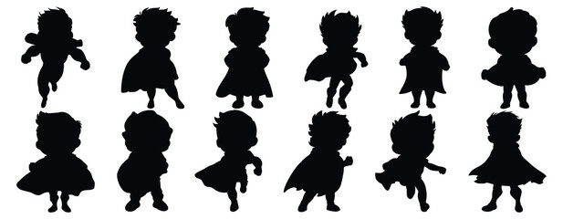 Superhero Kid silhouettes set, pack of vector silhouette design, isolated background