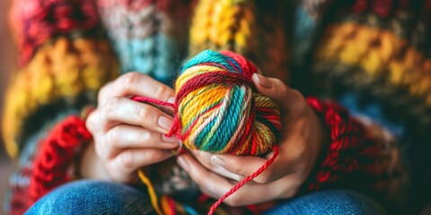 Wall Mural - Detailed image of hands clasping a vibrant, multicolored knitted blanket, emanating a feeling of warmth and comfort AIG62