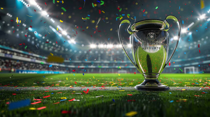 The champion cup stands on a green field at a football stadium with the light of spotlights and confetti.