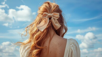 Blonde hair adorned with a big cream bow set against a clear blue sky creates a captivating and serene image reflecting elegance, simplicity, and natural beauty.