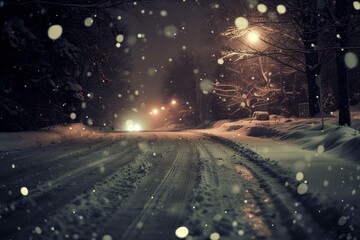 Poster - Serene snowy street illuminated by warm street lights under a magical winter's night sky