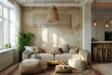 Poster - Cozy and stylish interior of a living room with rustic design elements and warm sunlight