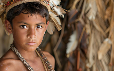 Wall Mural - A young Micronesian teenager, wearing a traditional feathered headpiece, looks directly at the camera with a serious expression