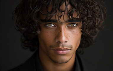 Wall Mural - A young person with dark, curly hair and green eyes stares intently at the camera. Their skin is lightly freckled and they have a hint of facial hair