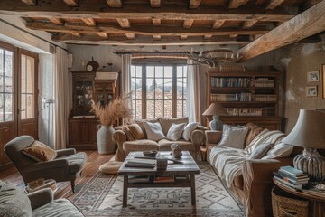 Luxury living room interior design in a rustic style.