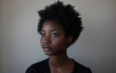 Wall Mural - A close-up portrait of a young person with short, curly black hair looking off to the side. They are wearing a black shirt