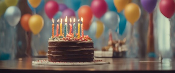 A beautifully decorated birthday cake with colorful candles on top is placed in the center of a dining table surrounded by lots of balloons that add to the celebratory atmosphere.