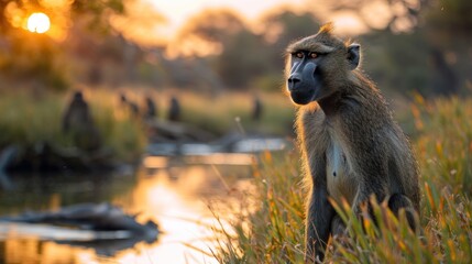 Wall Mural - Baboon at Sunset in Africa