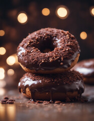 Wall Mural - close up of delicious looking chocolate donut with a decorative blurry light background