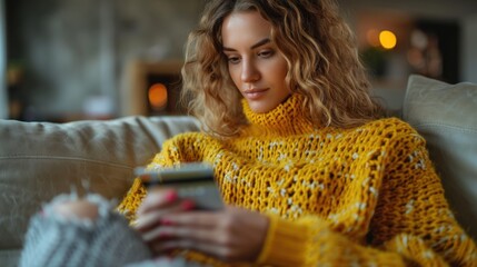 Sticker - Woman Looking at Her Phone on the Couch