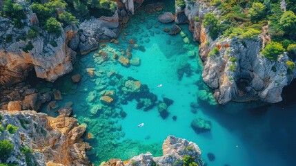 Sticker - Aerial View of Turquoise Water Cove Surrounded by Cliffs